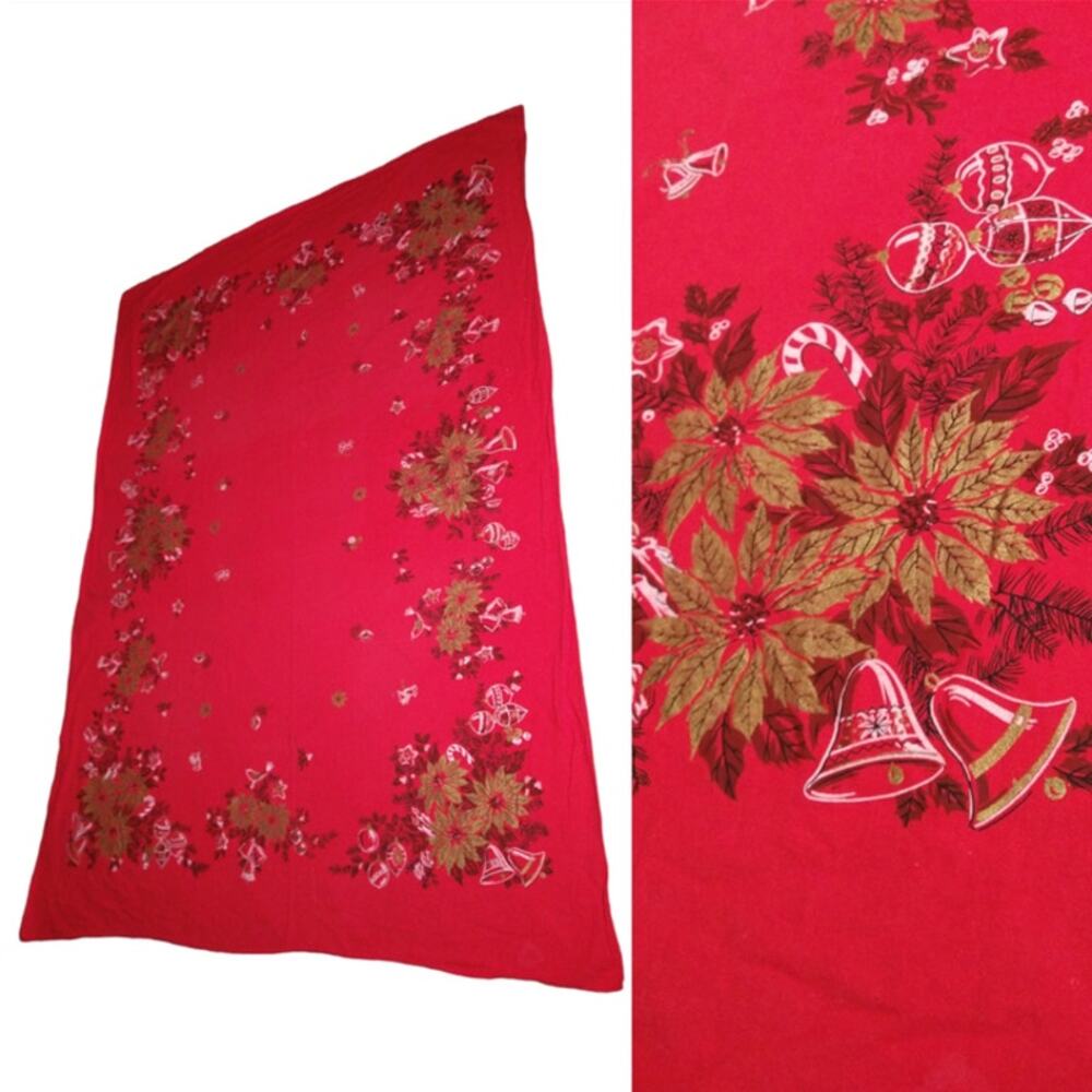 Vintage 60s Christmas Tablecloth Poinsettia Metallic Gold Rectangular 55x79